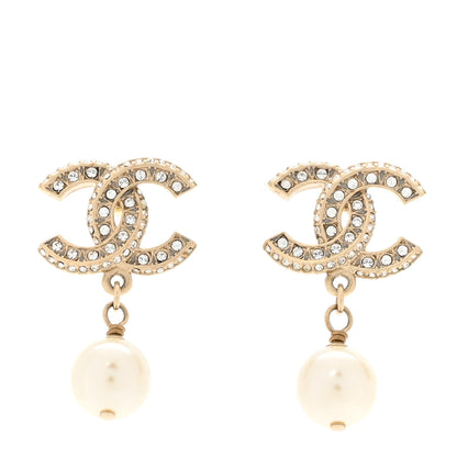 Chanel Crystal Timeless CC Pearl Drop Earrings Light Gold 1 of 4