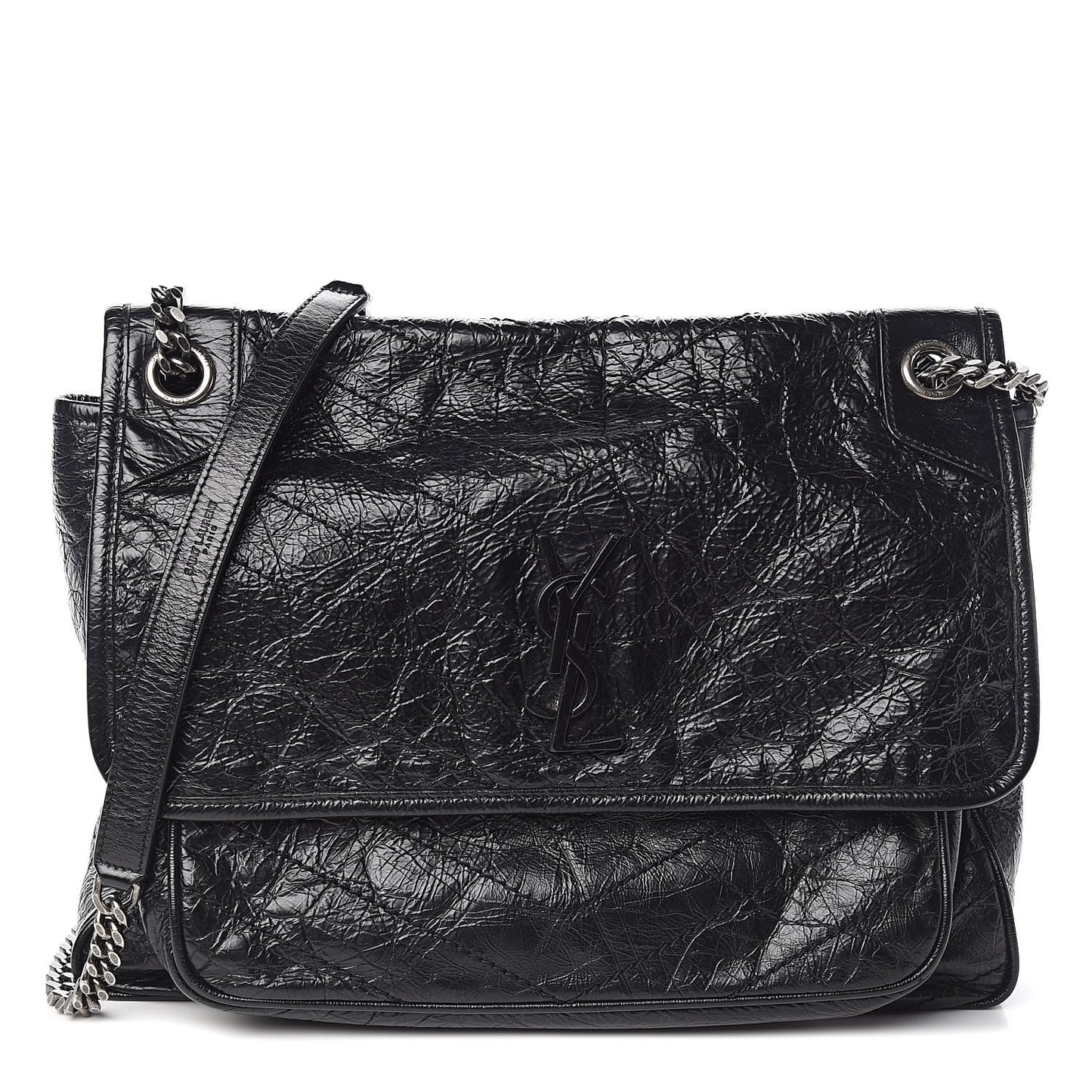 Crinkled Calfskin Matelasse Monogram Large Niki Chain Satchel Black