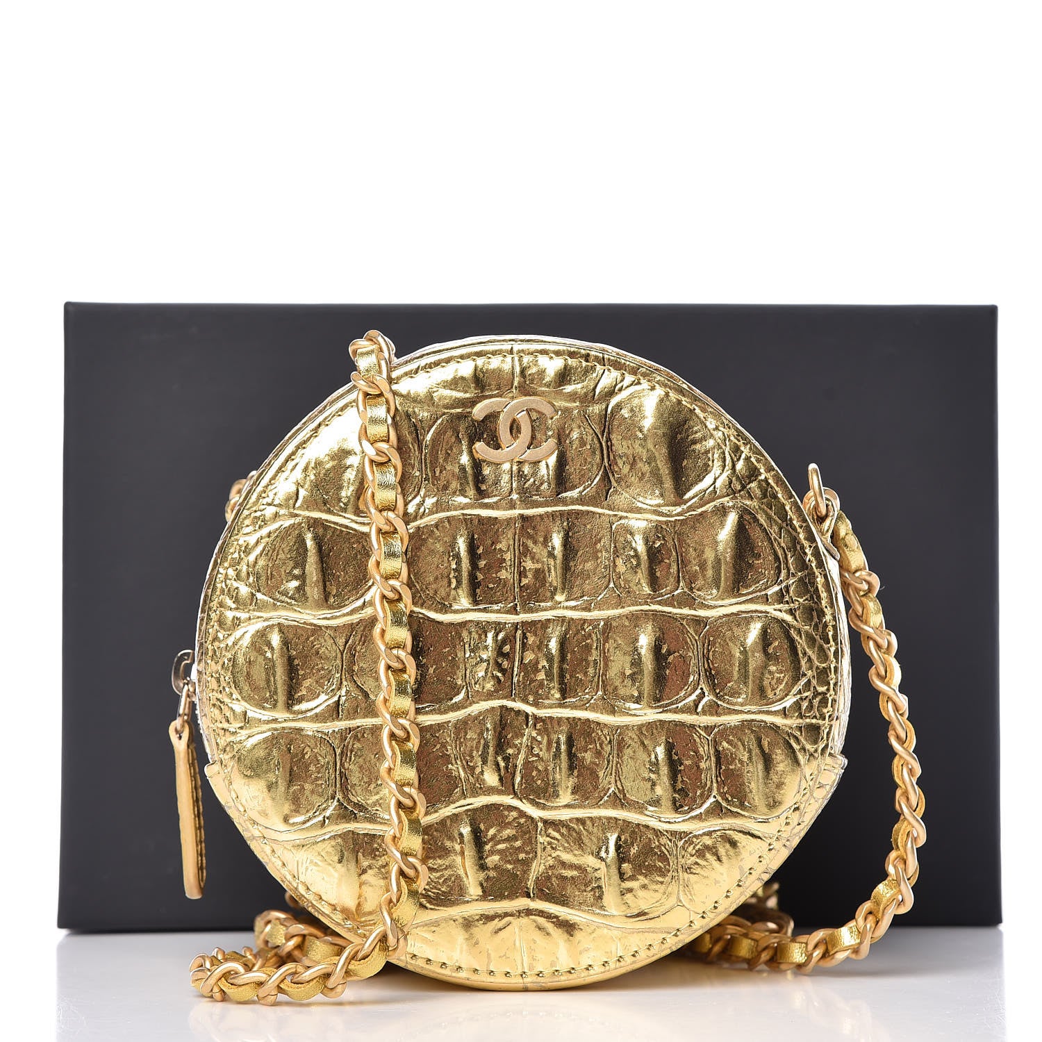 Chanel Metallic Calfskin Crocodile Embossed Cocodile Round Clutch with Chain Gold 8 of 8