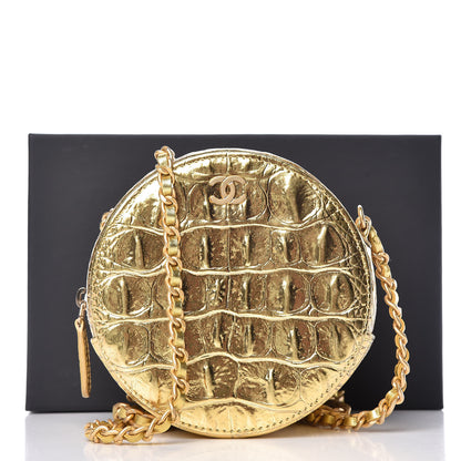 Chanel Metallic Calfskin Crocodile Embossed Cocodile Round Clutch with Chain Gold 8 of 8