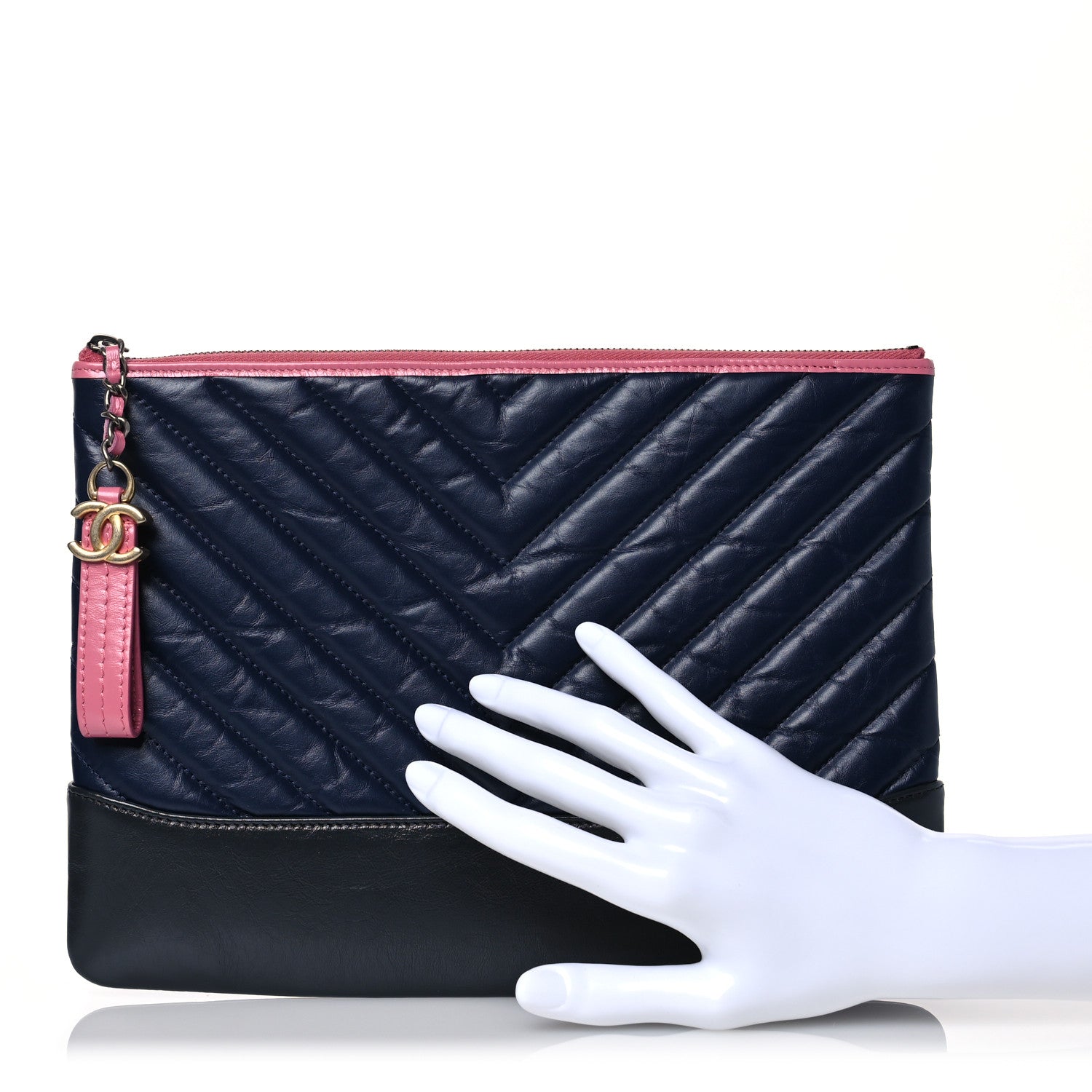 Chanel Aged Calfskin Chevron Quilted Medium Gabrielle Cosmetic Case Pink Navy Black 2 of 10