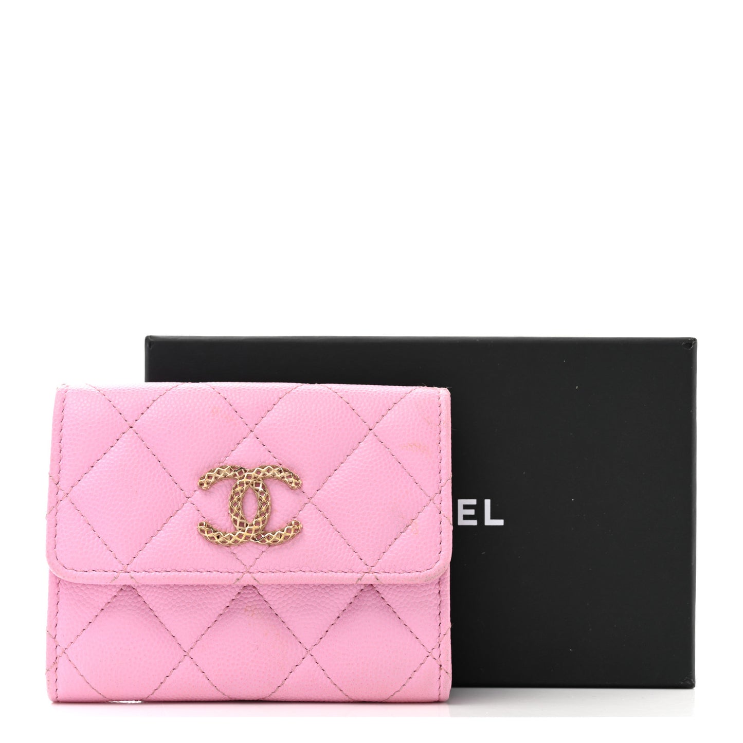 Caviar Metal Perforated Quilted CC Compact Flap Card Holder Pink Green