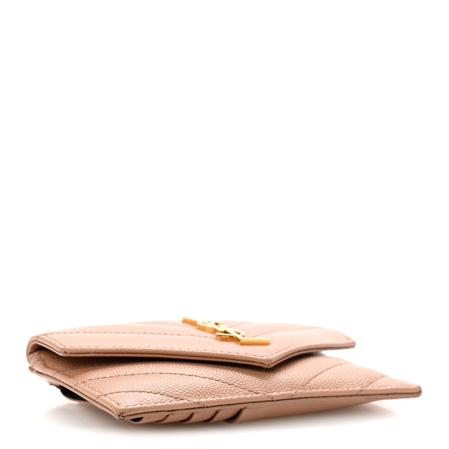 Saint Laurent Grain De Poudre Matelasse Chevron Monogram Compact Wallet Case Dark Beige 4 of 10