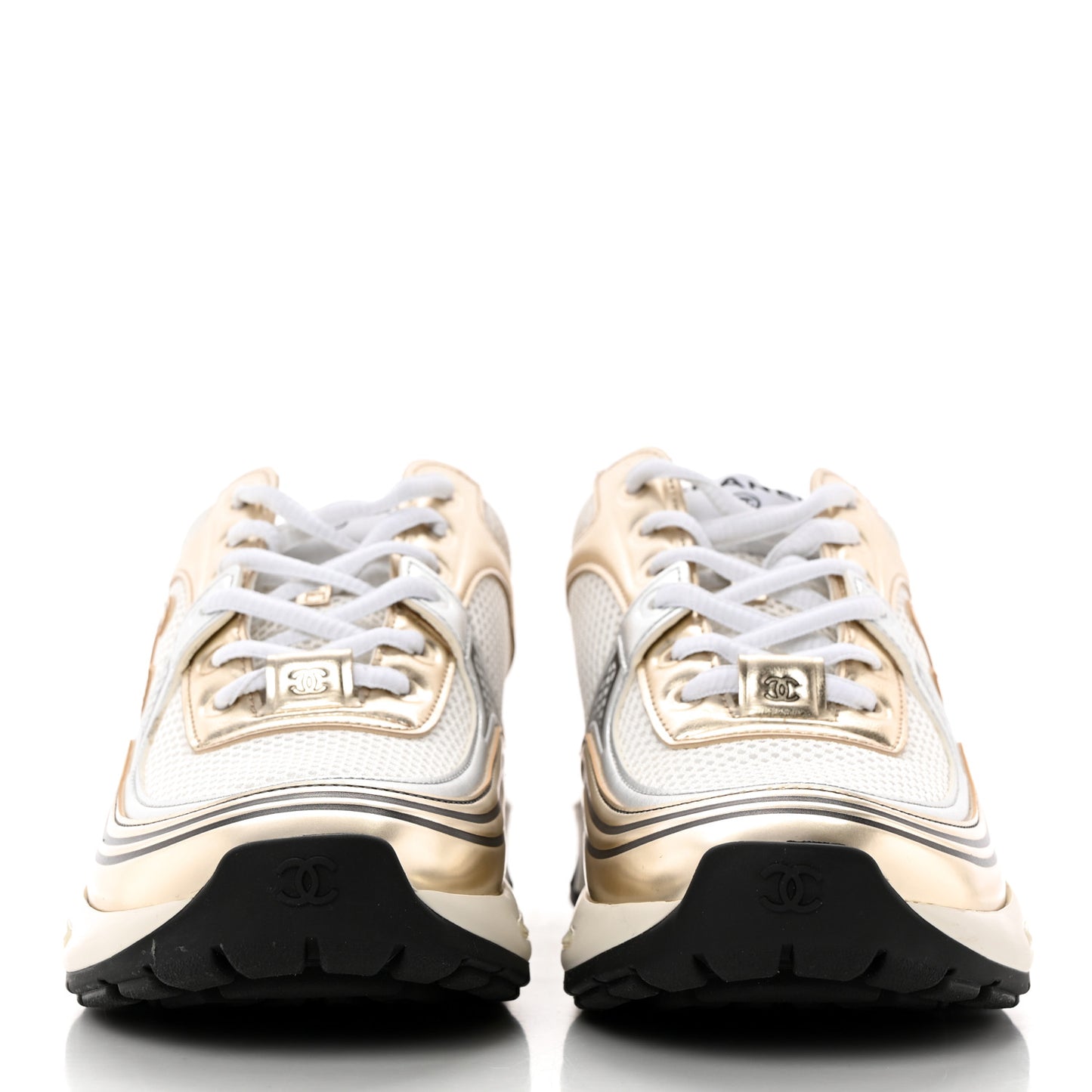 Fabric Laminated Calfskin Stretch CC Womens Sneakers 38 White Gold Silver