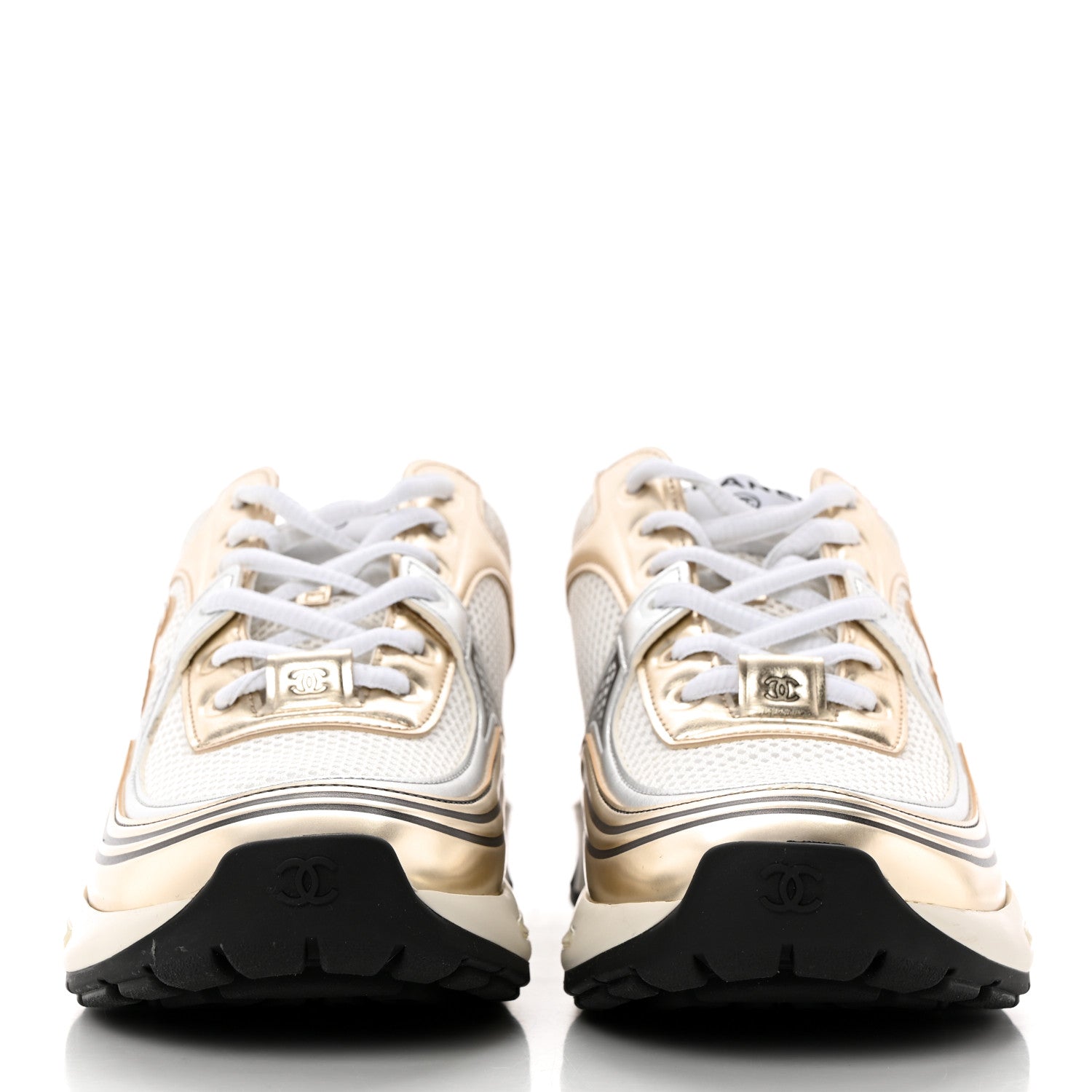 Chanel Fabric Laminated Calfskin Stretch CC Womens Sneakers 38 White Gold Silver 2 of 15