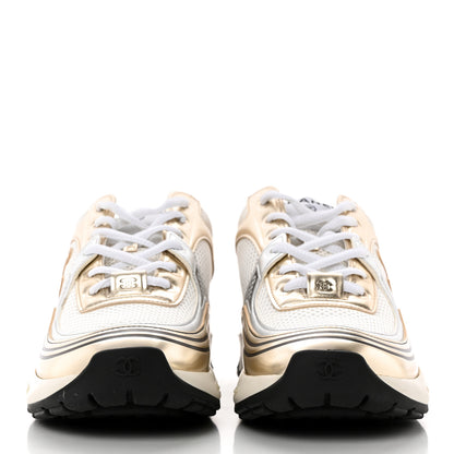 Chanel Fabric Laminated Calfskin Stretch CC Womens Sneakers 38 White Gold Silver 2 of 15