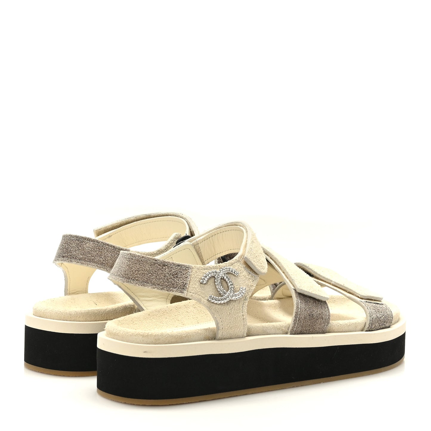 Suede Calfskin Velcro Flat Sandals 39 Ivory Dark Beige