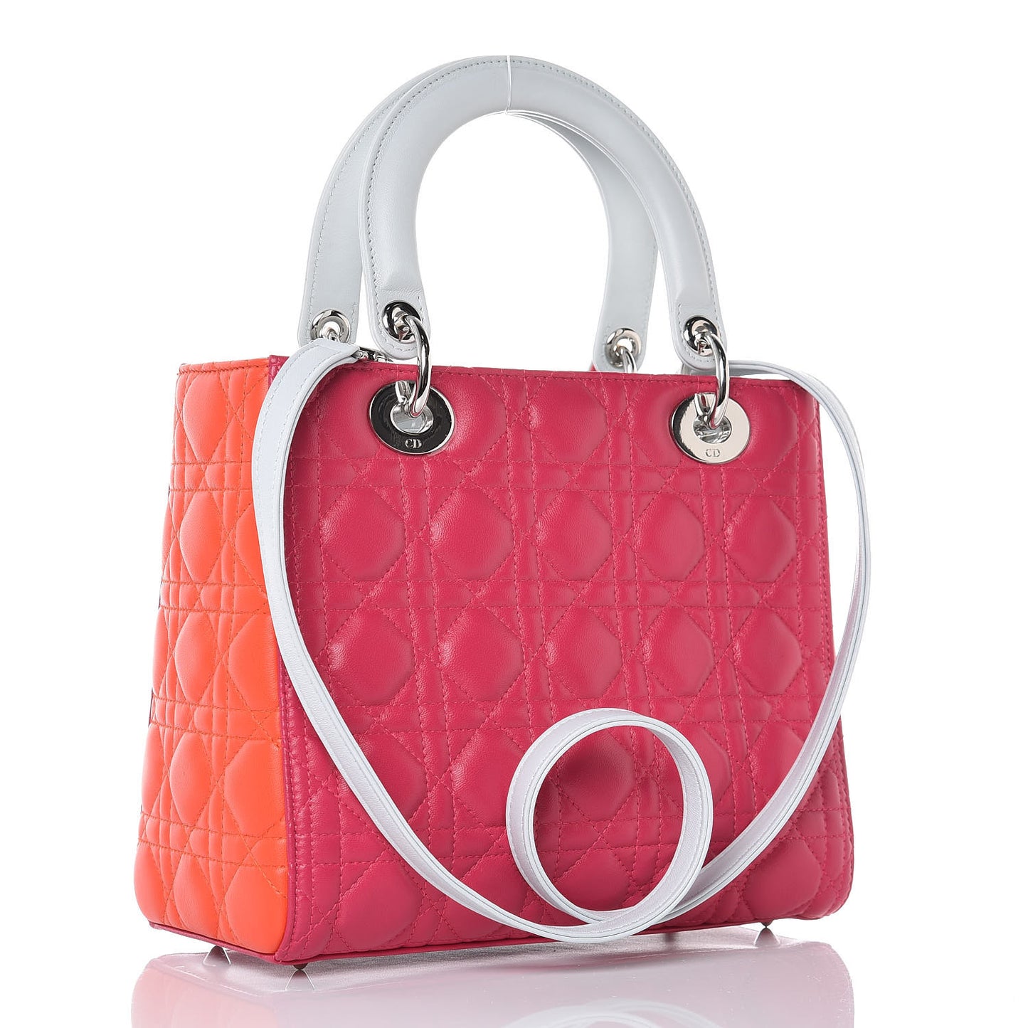 Lambskin Cannage Medium Tri-Color Lady Dior Fuchsia Orange