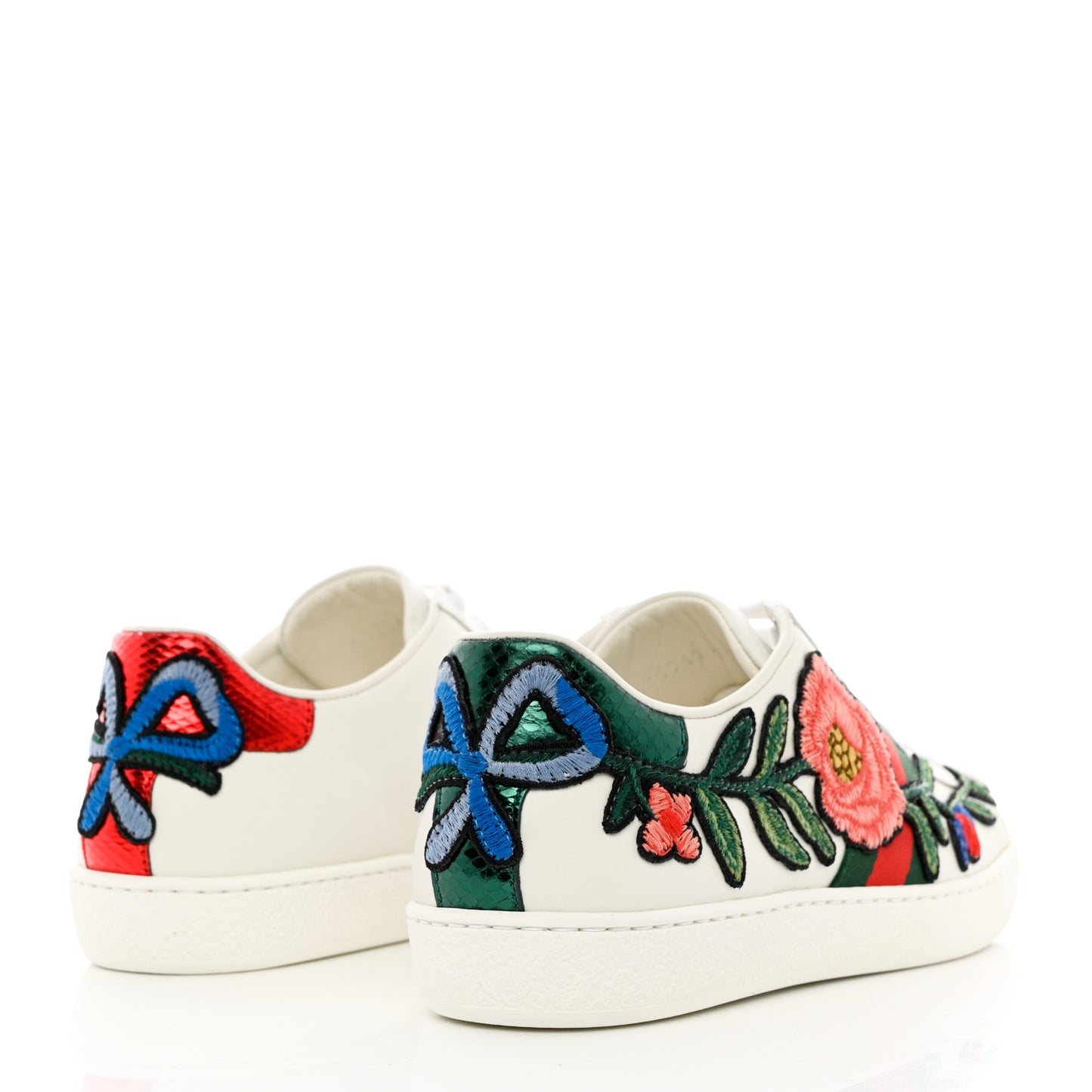Calfskin Web Floral Embroidered Womens Ace Sneakers 35 White