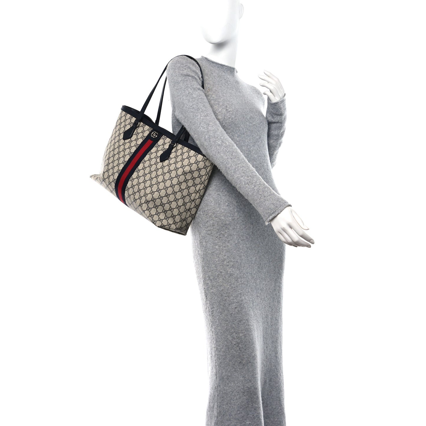 GG Supreme Monogram Textured Calfskin Web Medium Ophidia Shopping Tote Beige Blue