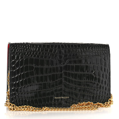 Alexander McQueen Calfskin Crocodile Embossed Skull Medium Shoulder Bag Black 3 of 8
