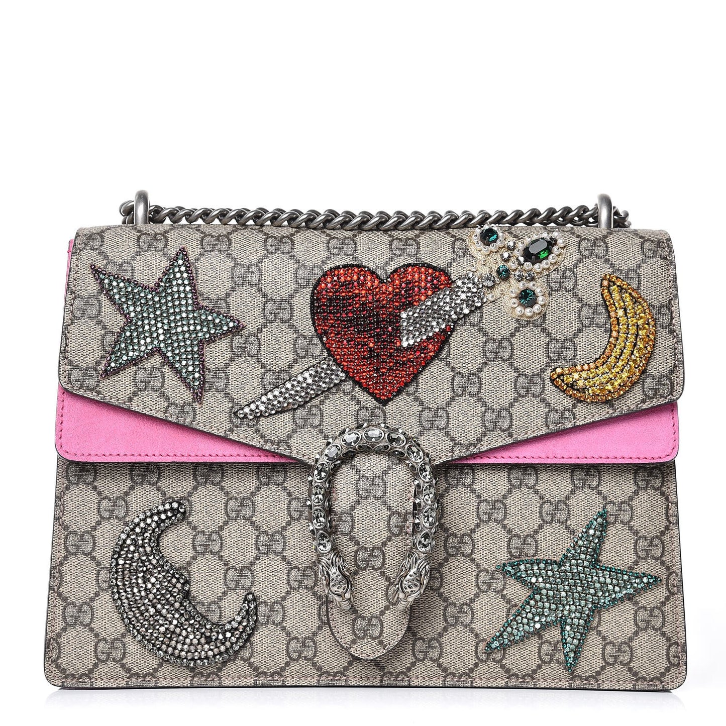 GG Supreme Monogram Suede Pierced Heart Embroidered Medium Dionysus Shoulder Bag Beige Ebony Pink Tropical Flower
