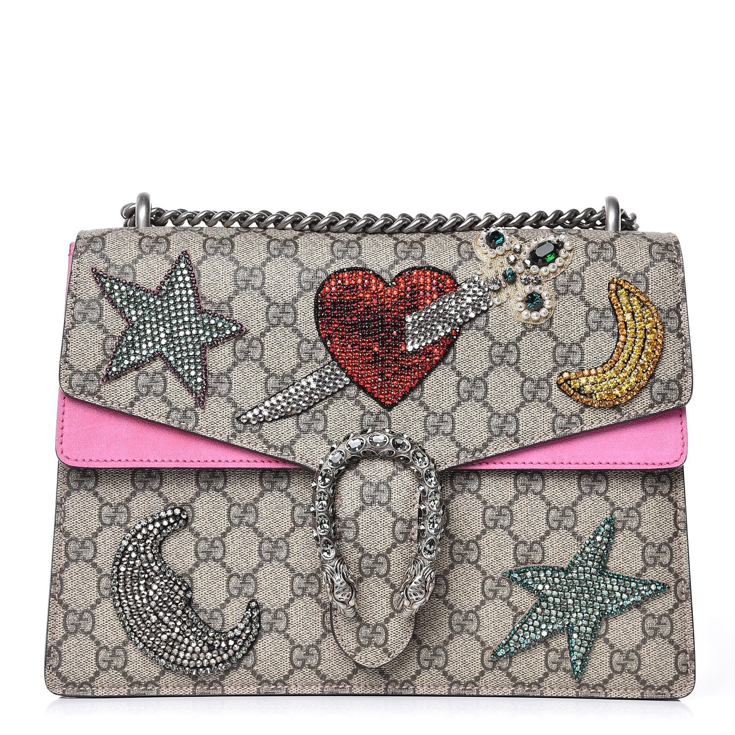 Gucci GG Supreme Monogram Suede Pierced Heart Embroidered Medium Dionysus Shoulder Bag Beige Ebony Pink Tropical Flower 1 of 11