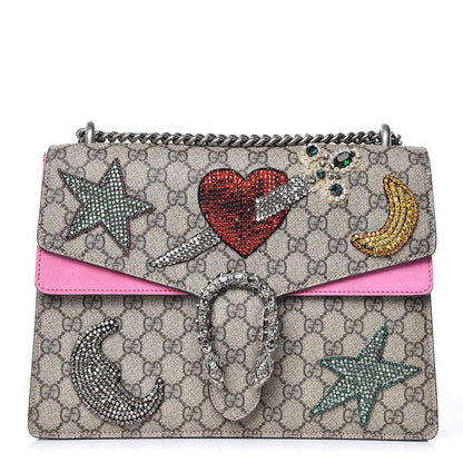 Gucci GG Supreme Monogram Suede Pierced Heart Embroidered Medium Dionysus Shoulder Bag Beige Ebony Pink Tropical Flower 1 of 11