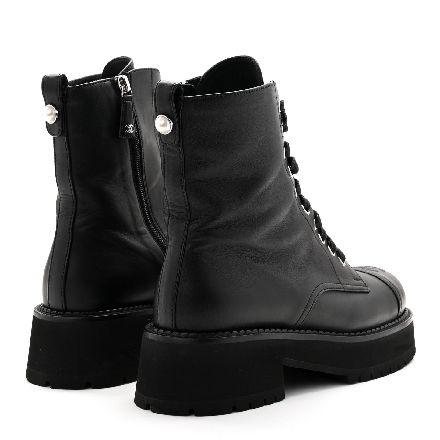 Calfskin Cap Toe Lace Up Combat Boots 39 Black