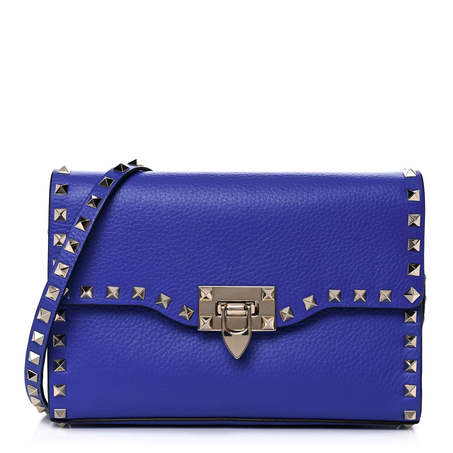 Pebbled Calfskin Medium Rockstud Flip Lock Crossbody Bag Acid Blue