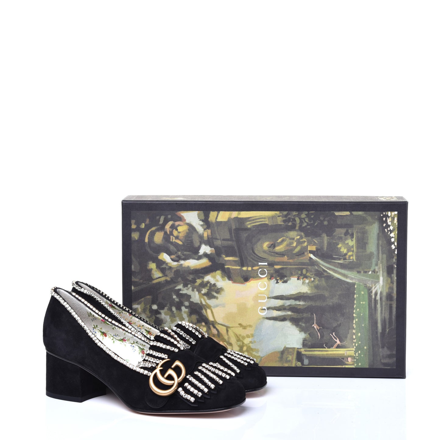 Kid Scamosciato Crystal GG Marmont Fringe 50mm Loafer Pumps 35 Black