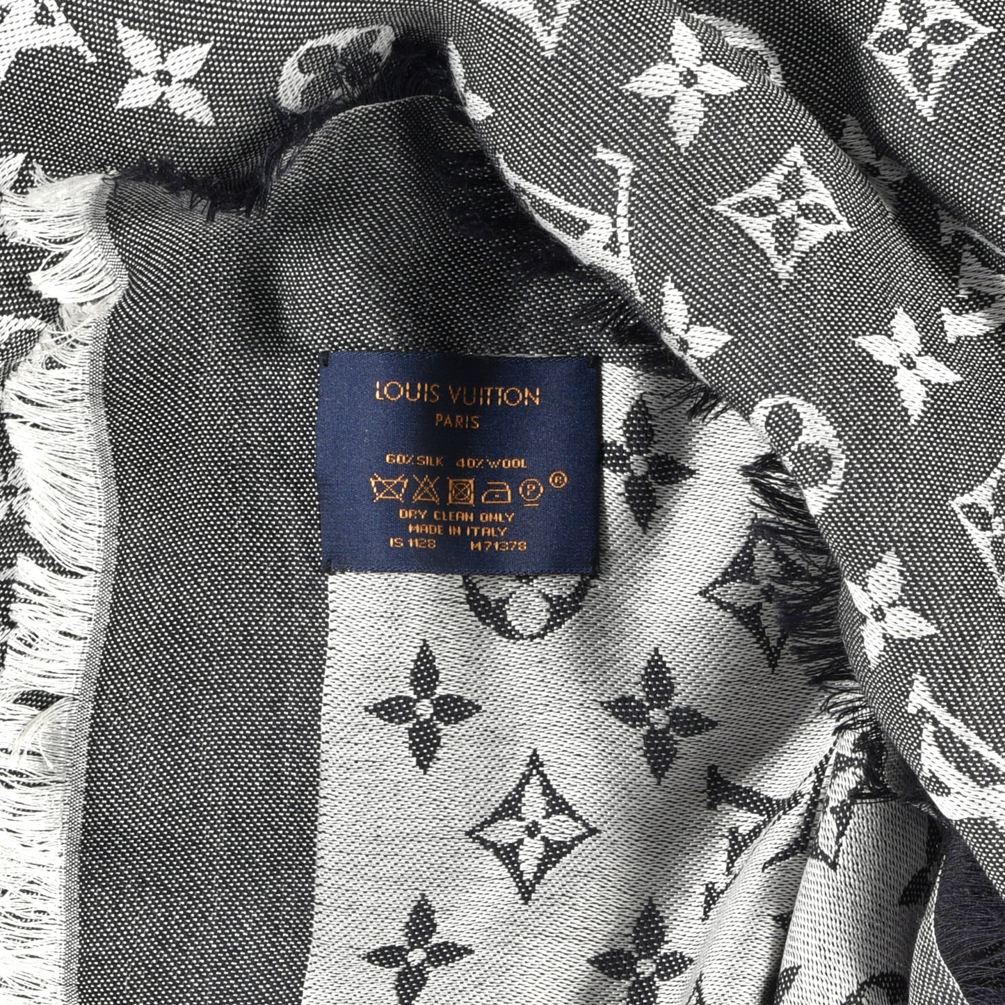 Wool Silk Monogram Denim Shawl Black