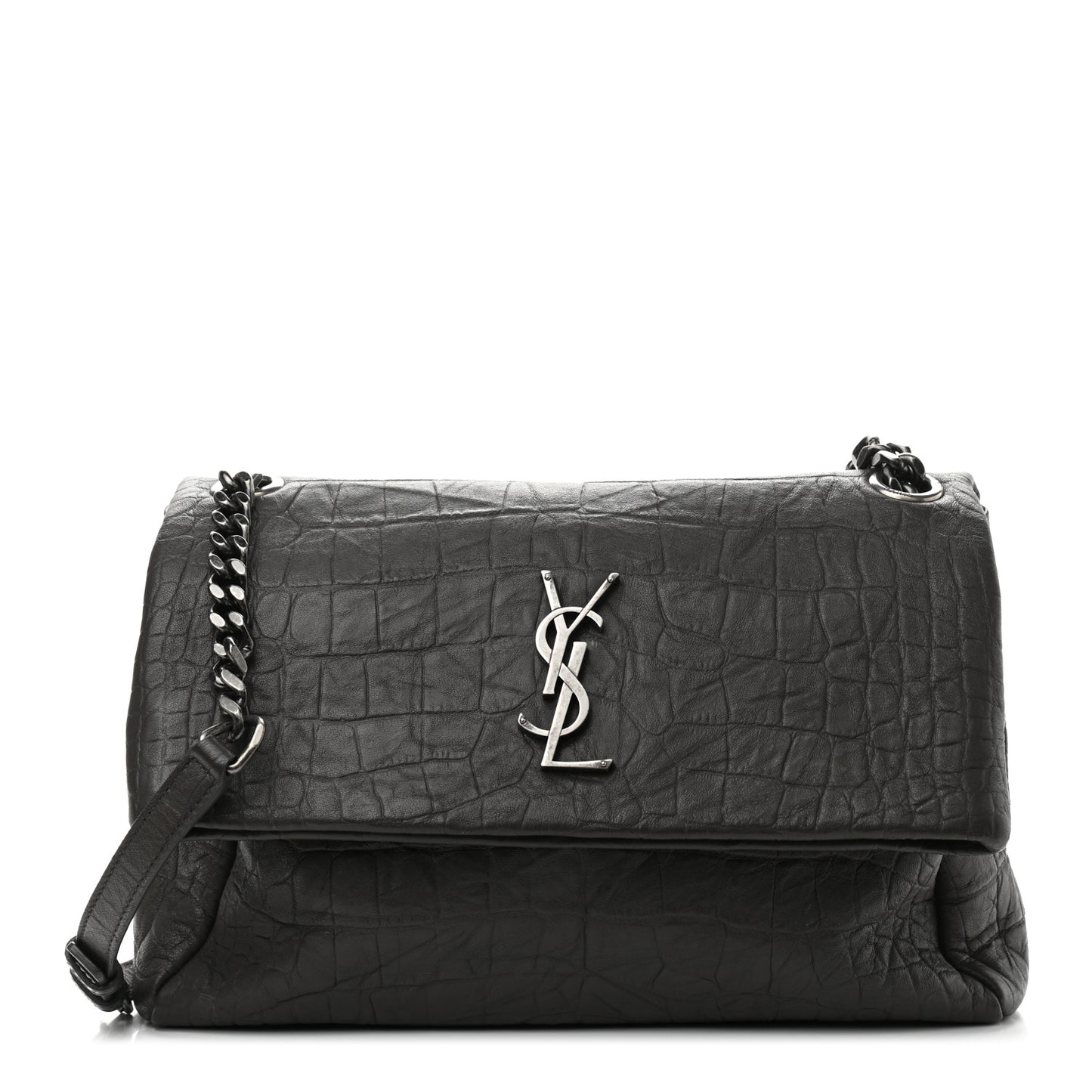 Calfskin Crocodile Embossed Medium West Hollywood Monogram Fold-Over Grey