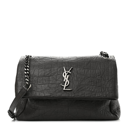 Saint Laurent Calfskin Crocodile Embossed Medium West Hollywood Monogram Fold-Over Grey 1 of 11
