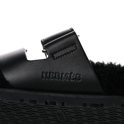 Hermes Calfskin Woolskin Womens Chypre Sandals 37 Black 9 of 11