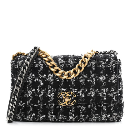 Chanel Tweed Quilted Large Chanel 19 Flap Black Ecru White 1 of 10