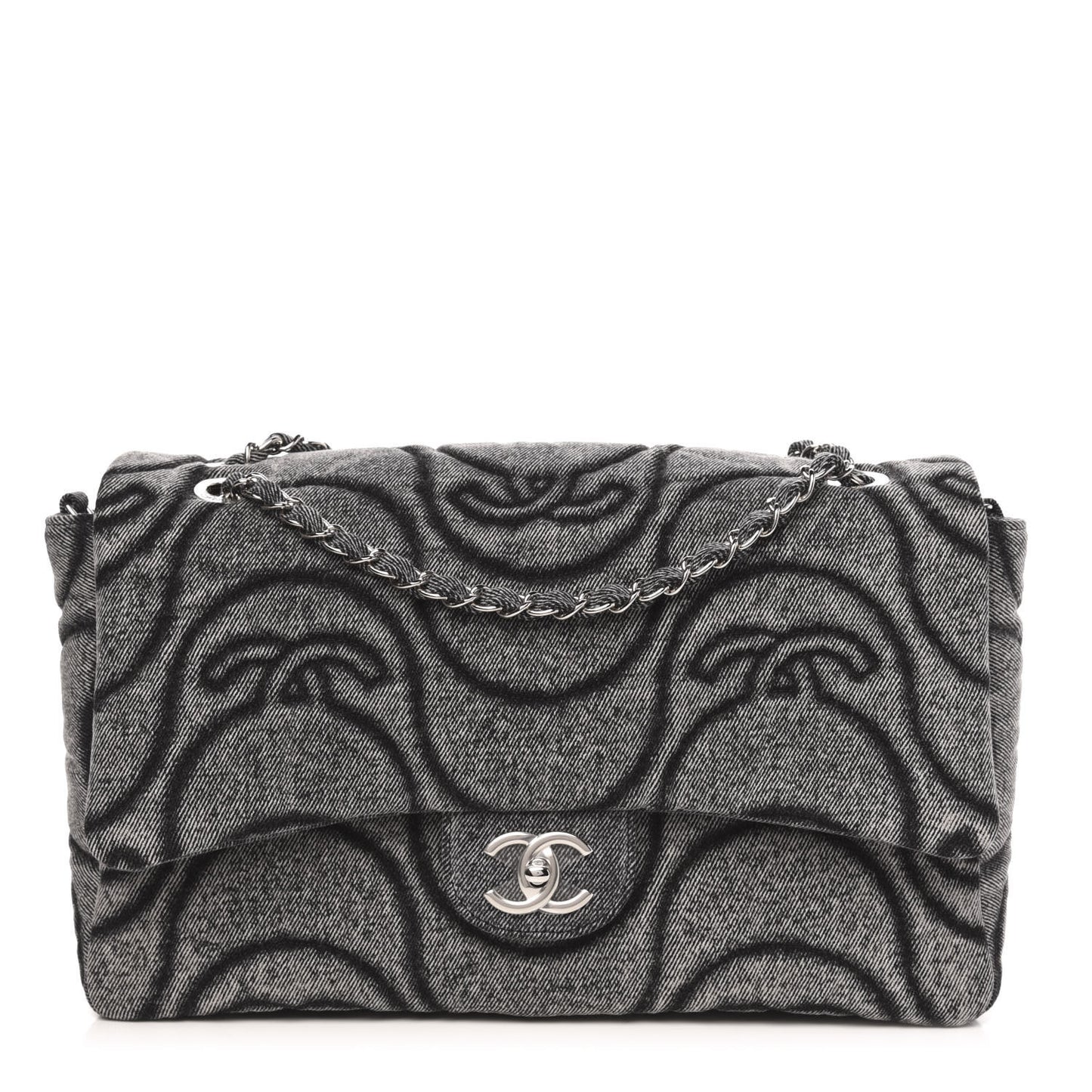 Denim Embossed CC Logo Print Jumbo Single Flap Grey Black