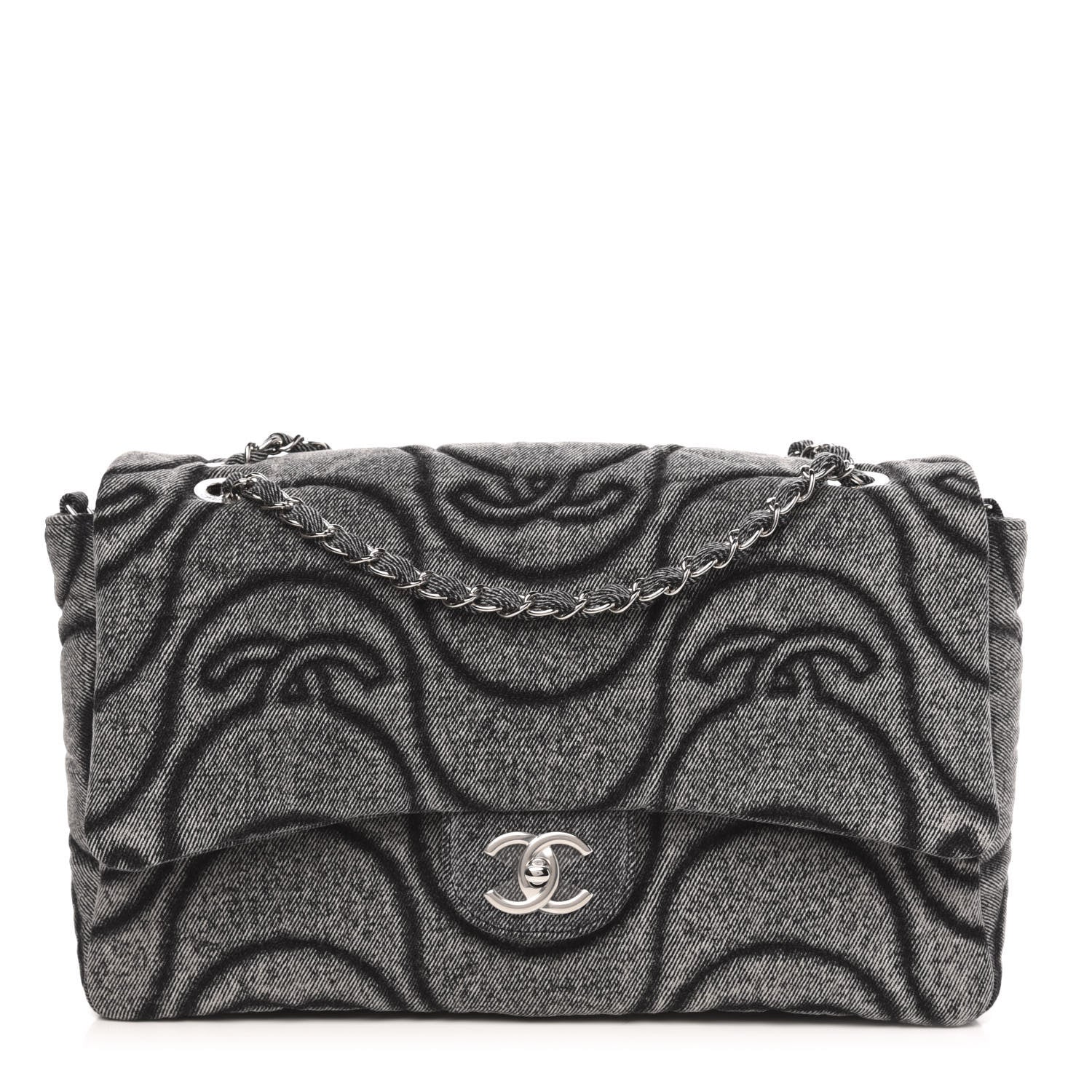 Chanel Denim Embossed CC Logo Print Jumbo Single Flap Grey Black 1 of 10