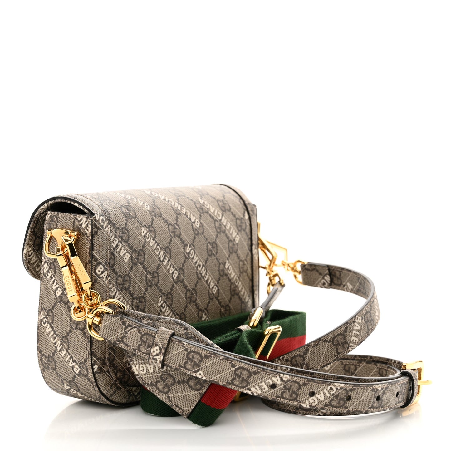 X BALENCIAGA GG Supreme Monogram Web Logo Print Mini Horsebit 1955 Shoulder Bag Beige Ebony