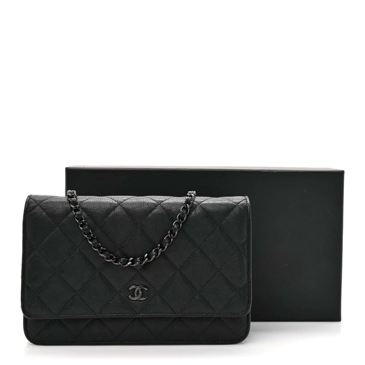 Crumpled Calfskin Quilted Wallet On Chain WOC Black