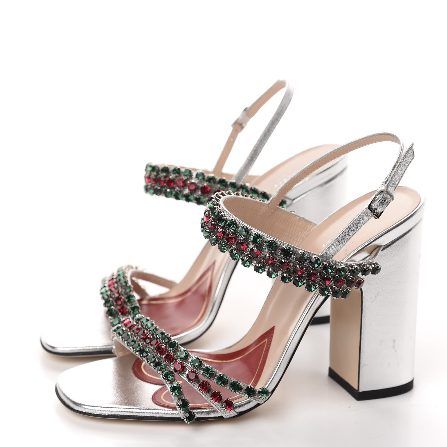 Gucci Nappa Silk Crystal Bertie High Heel Sandals 37 Argento 3 of 10