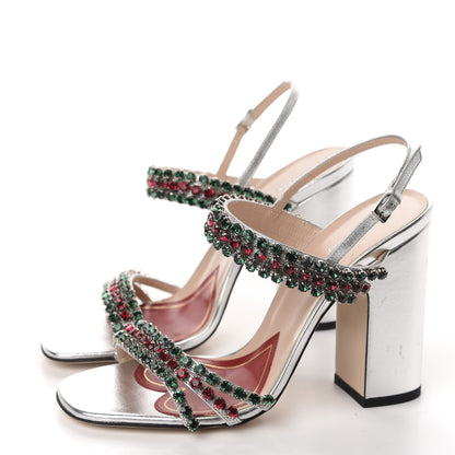Gucci Nappa Silk Crystal Bertie High Heel Sandals 37 Argento 3 of 10