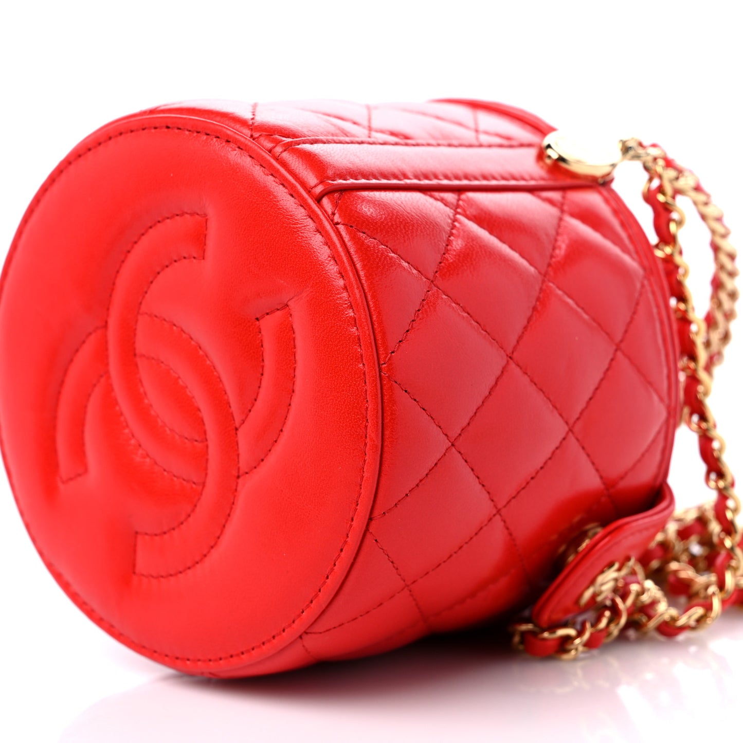 Patent Calfskin Quilted Top Handle Vanity With Chain Red