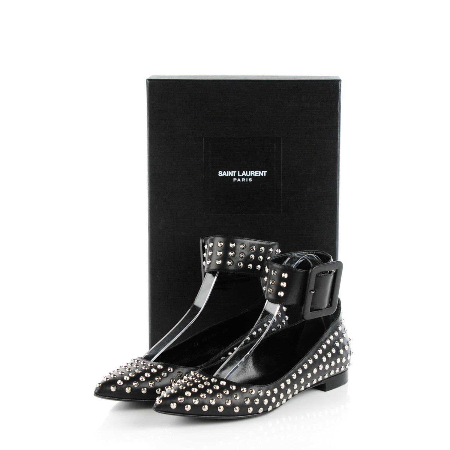 Saint Laurent Smooth Calfskin Paris Studded Ankle Ballerina Flats 37.5 Black 9 of 9