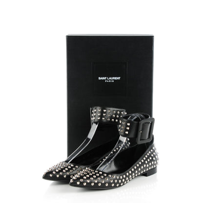Saint Laurent Smooth Calfskin Paris Studded Ankle Ballerina Flats 37.5 Black 9 of 9