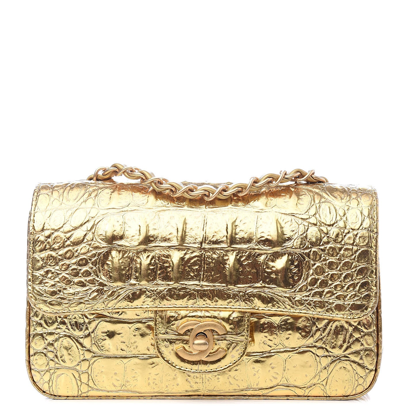 Metallic Calfskin Crocodile Embossed Cocodile Rectangular Mini Flap Gold