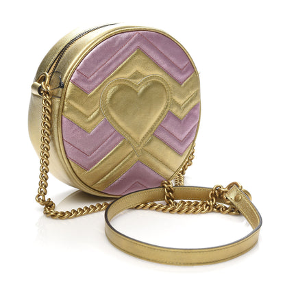 Gucci Metallic Calfskin Matelasse Mini GG Marmont Round Shoulder Bag Gold Pink 3 of 10