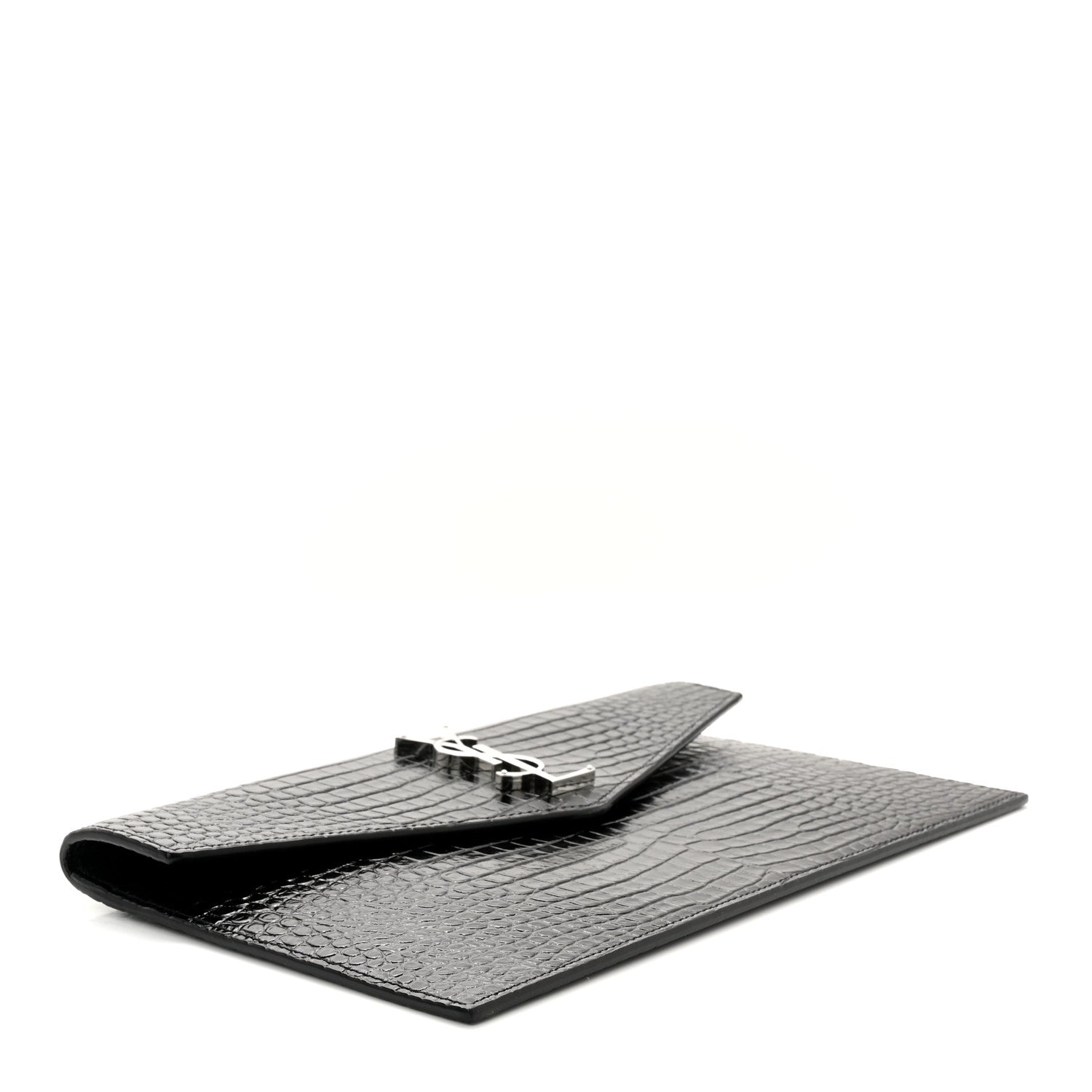 Saint Laurent Calfskin Crocodile Embossed Uptown Monogram Clutch Black 4 of 7
