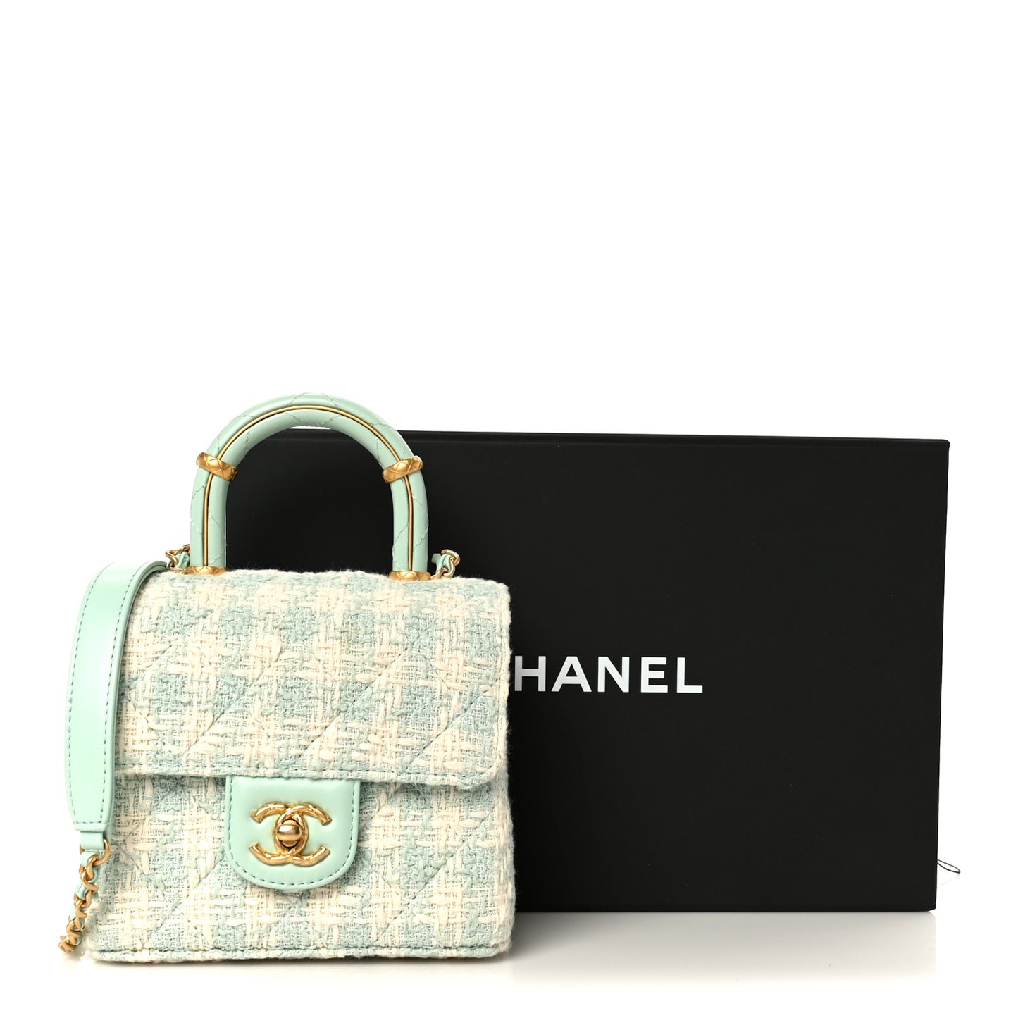 Tweed Handle Crush Top Handle Flap Bag Light Blue Ecru