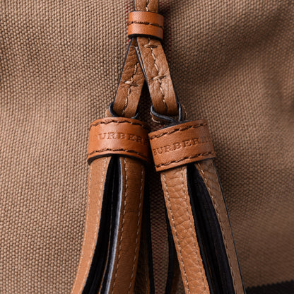 Burberry Grainy Calfskin Canvas Mega Check Medium Ashby Tassel Hobo Saddle Brown 15 of 16