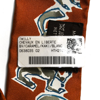 Hermes Silk Chevaux En Liberte Twilly Caramel Kaki White 5 of 6