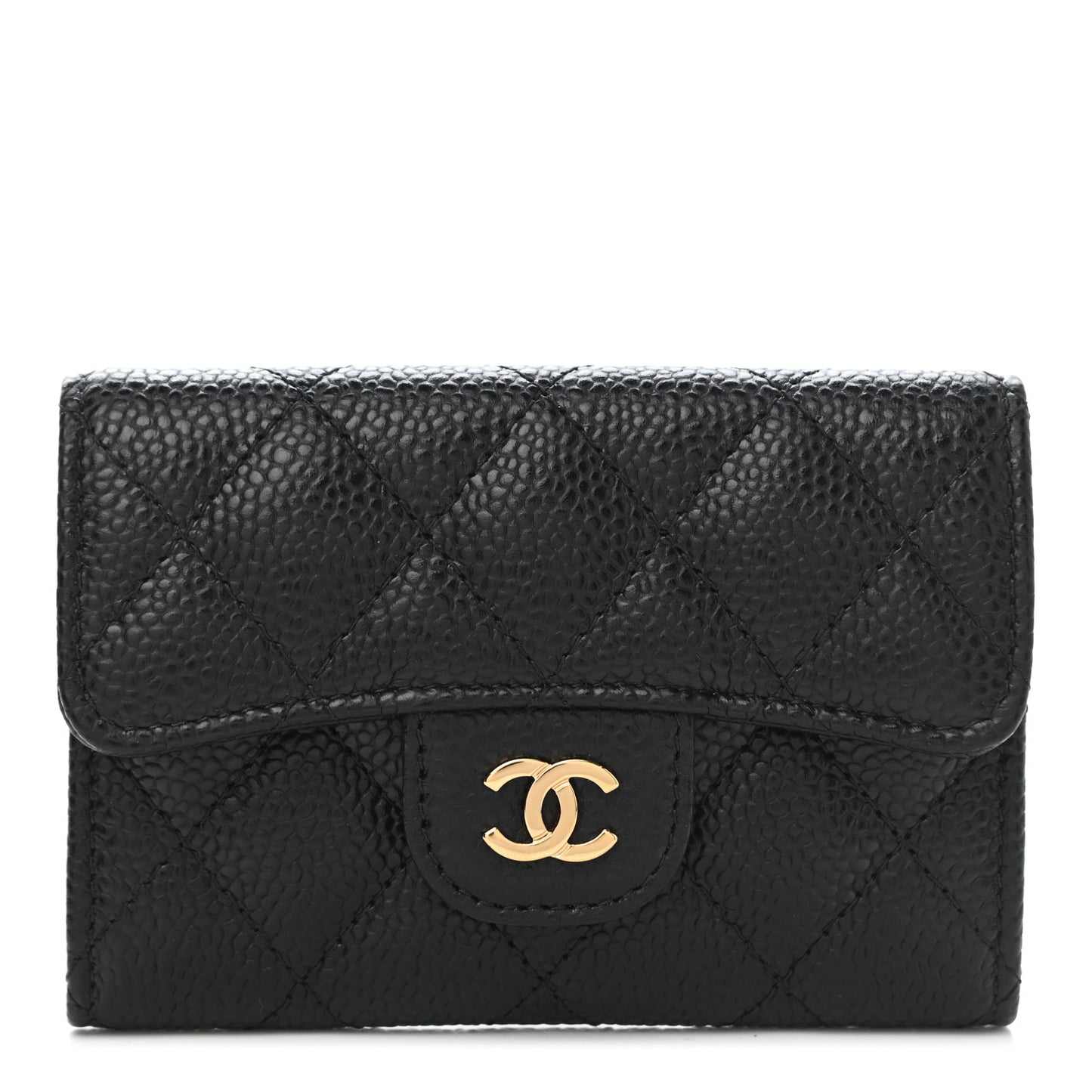 Caviar Quilted Flap Card Holder Wallet Black