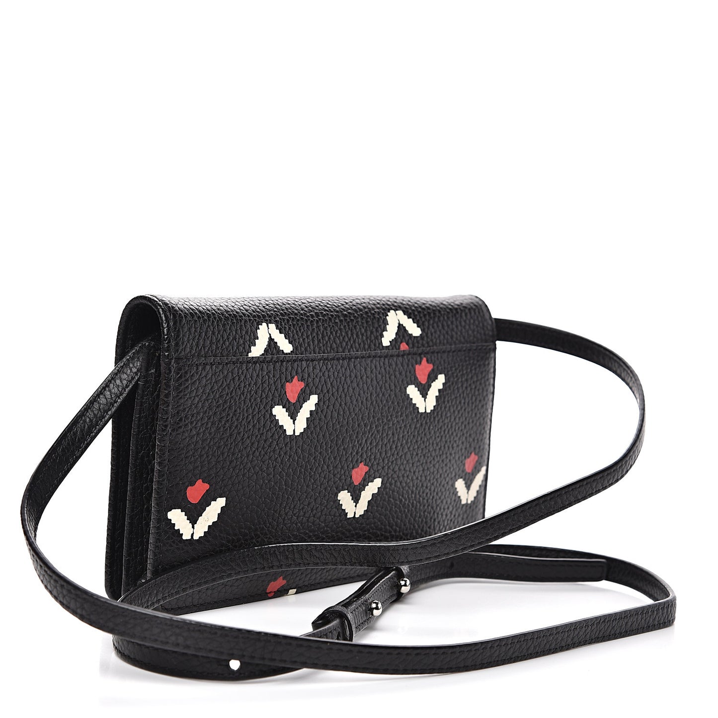 Grained Calfskin Embellished Tulip Print Wallet Crossbody Black Multicolor