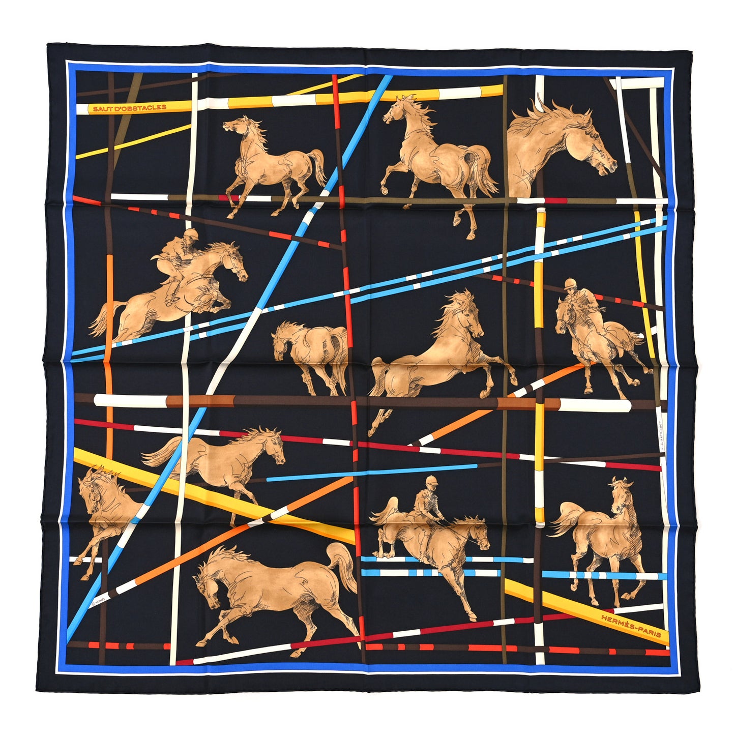 Silk Saut D’ Obstacles Scarf 90 Black Camel Blue