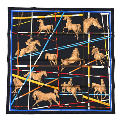 Hermes Silk Saut D’ Obstacles Scarf 90 Black Camel Blue 1 of 3