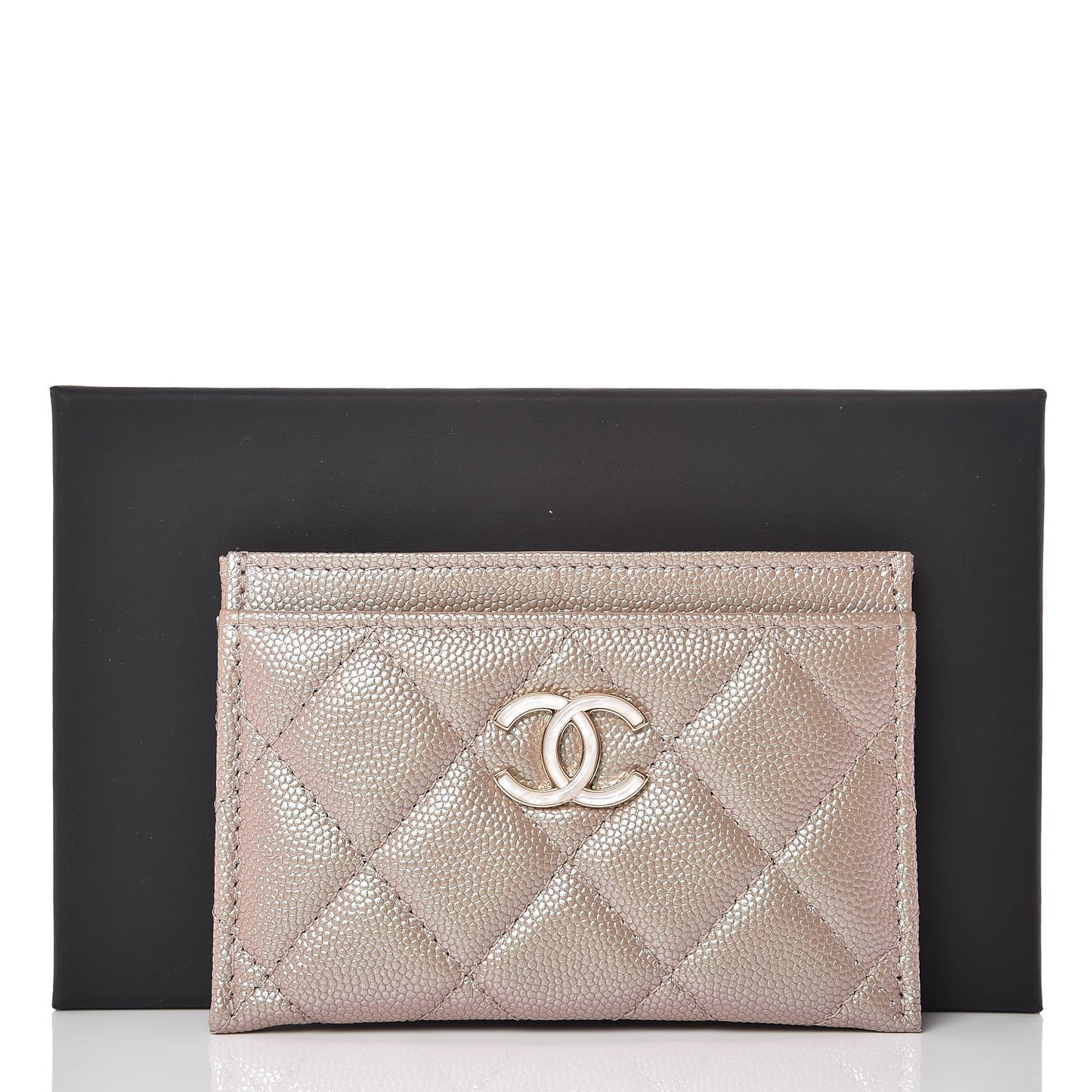 Iridescent Caviar Quilted Card Holder Beige