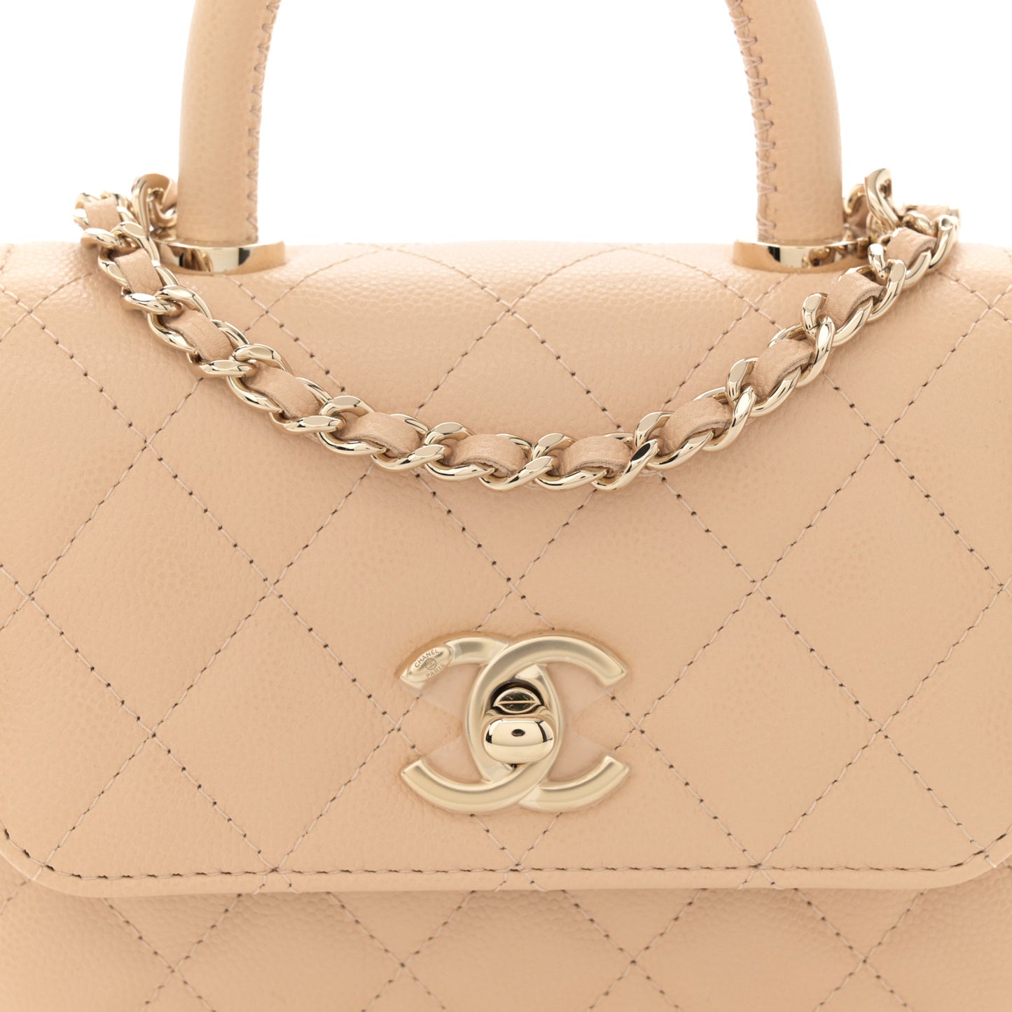 Caviar Quilted Coco Handle Clutch With Chain Beige