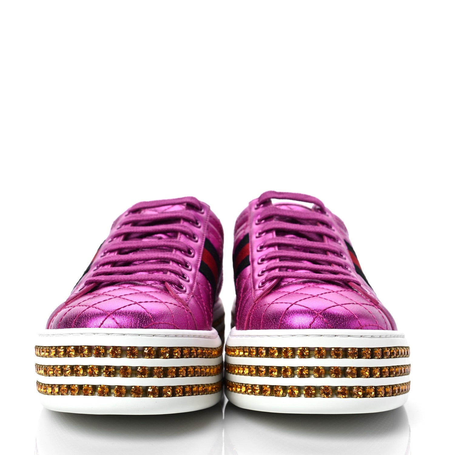 Gucci Laminated Nappa Crystal Web Bee Embroidered Trapuntata Womens Ace Platform Sneakers 37.5 Fuxia 2 of 9