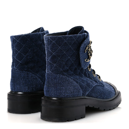 Chanel Shiny Calfskin Velvet Quilted Lace Up Combat Boots 39.5 Blue Black 5 of 12