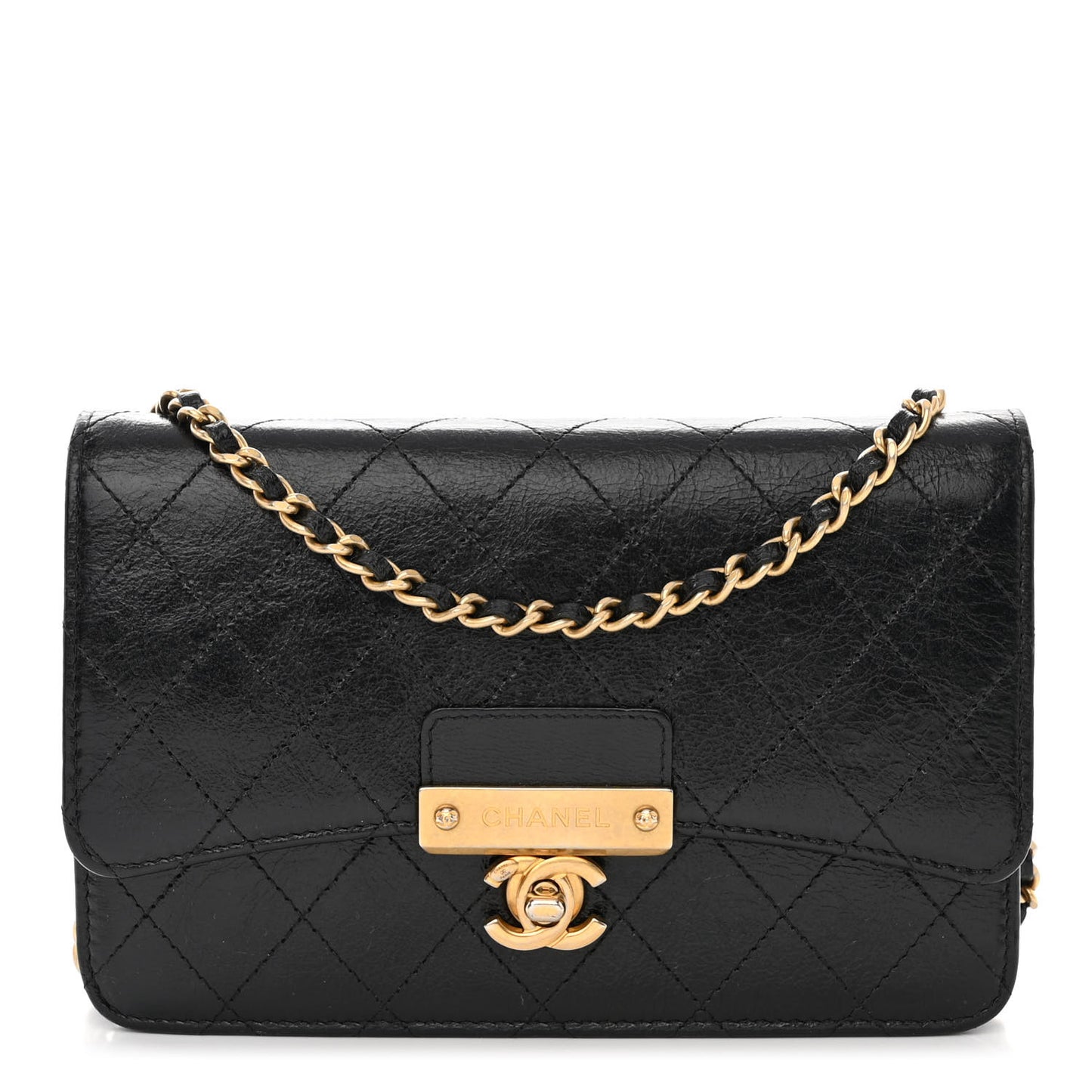 Aged Glazed Calfskin Stitched Golden Class CC Wallet on Chain WOC Black